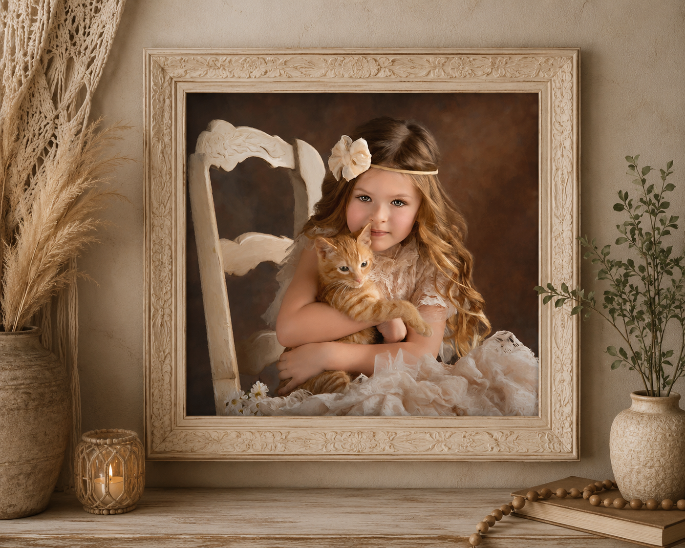 Fine art boho-style portrait of a young girl holding an orange kitten, photographed by Studio C Fine Art Photography.