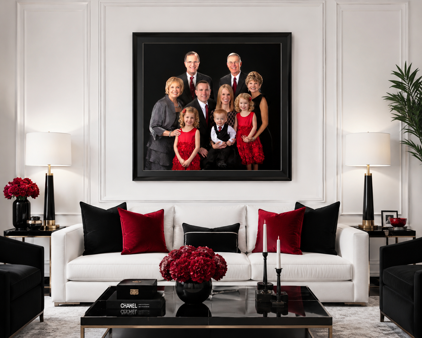 Classic formal family portrait featuring grandparents, parents, and grandchildren displayed in a modern black, white, and red living room with elegant wall décor.