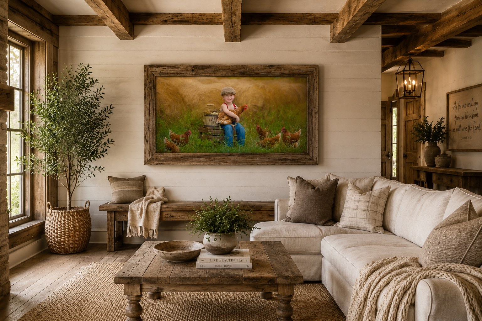 Fine art country-style portrait of a young boy holding a chicken in a rustic farm setting, photographed by Studio C Fine Art Photography.