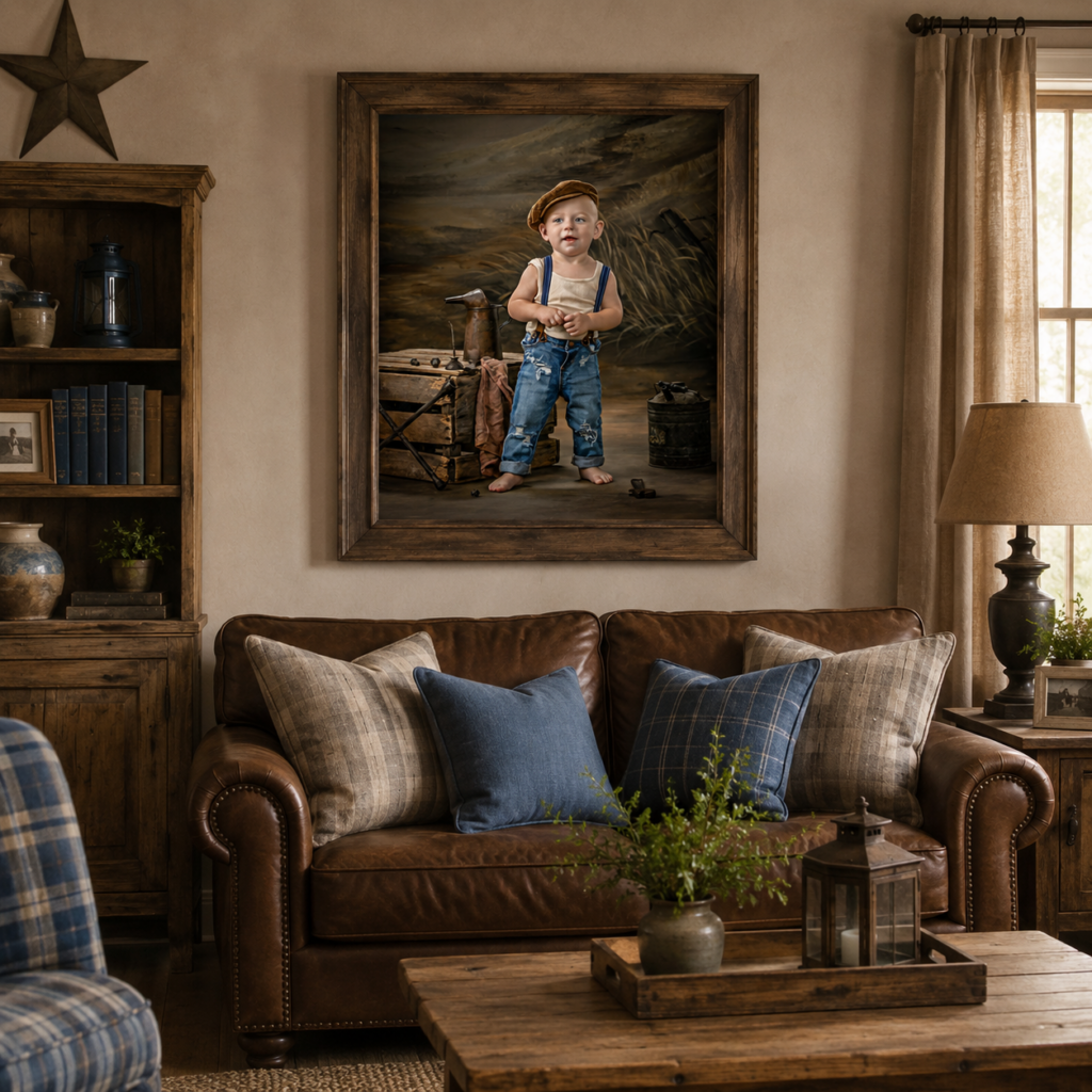 One-year-old boy portrait displayed as framed wall art in rustic country-style living room at Studio C Fine Art Photography