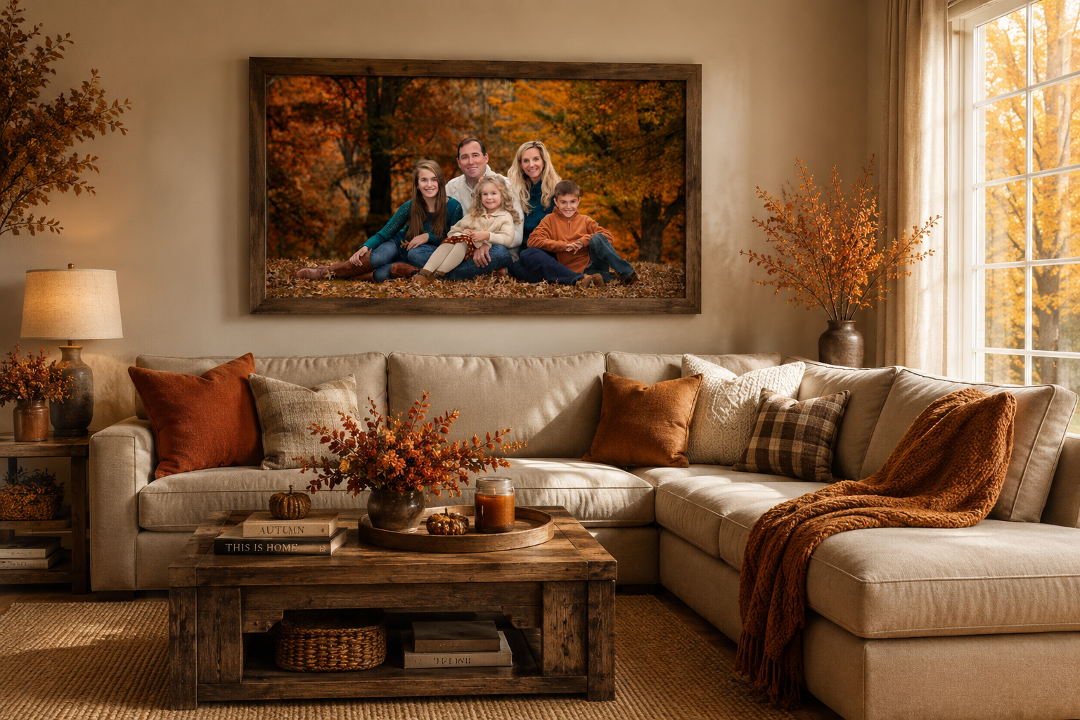 Large framed fall family portrait displayed above a warm sectional sofa in an elegant fall-inspired living room by Studio C Fine Art Photography.