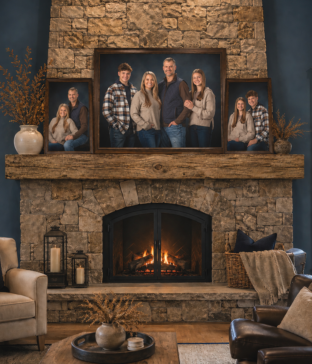 Framed family portrait displayed above a floor-to-ceiling stone fireplace with coordinating children’s portraits in a rustic modern living room.