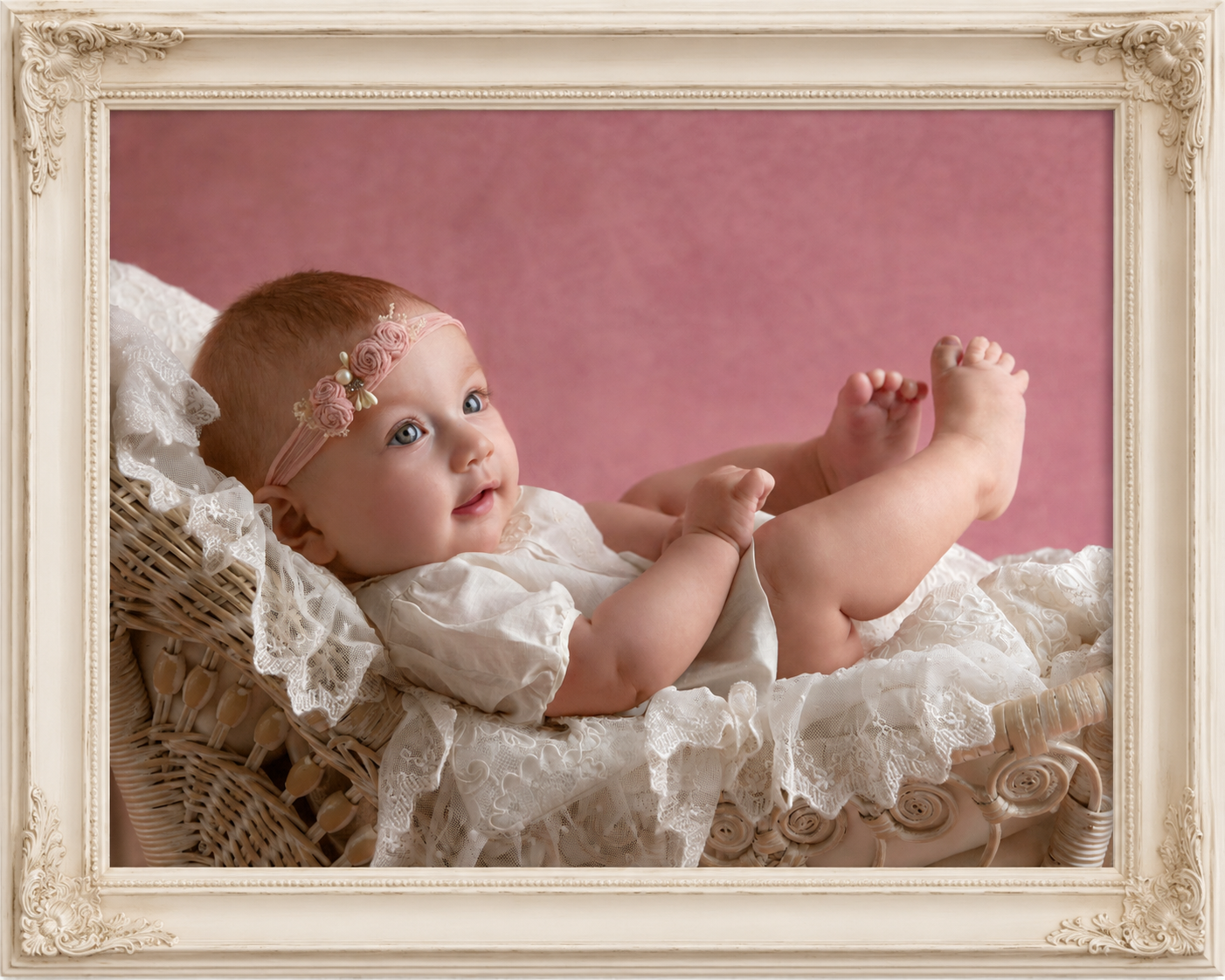 Fine art baby portrait in an elegant cream-colored heirloom frame by Studio C Fine Art Photography in the Upper Ohio Valley.