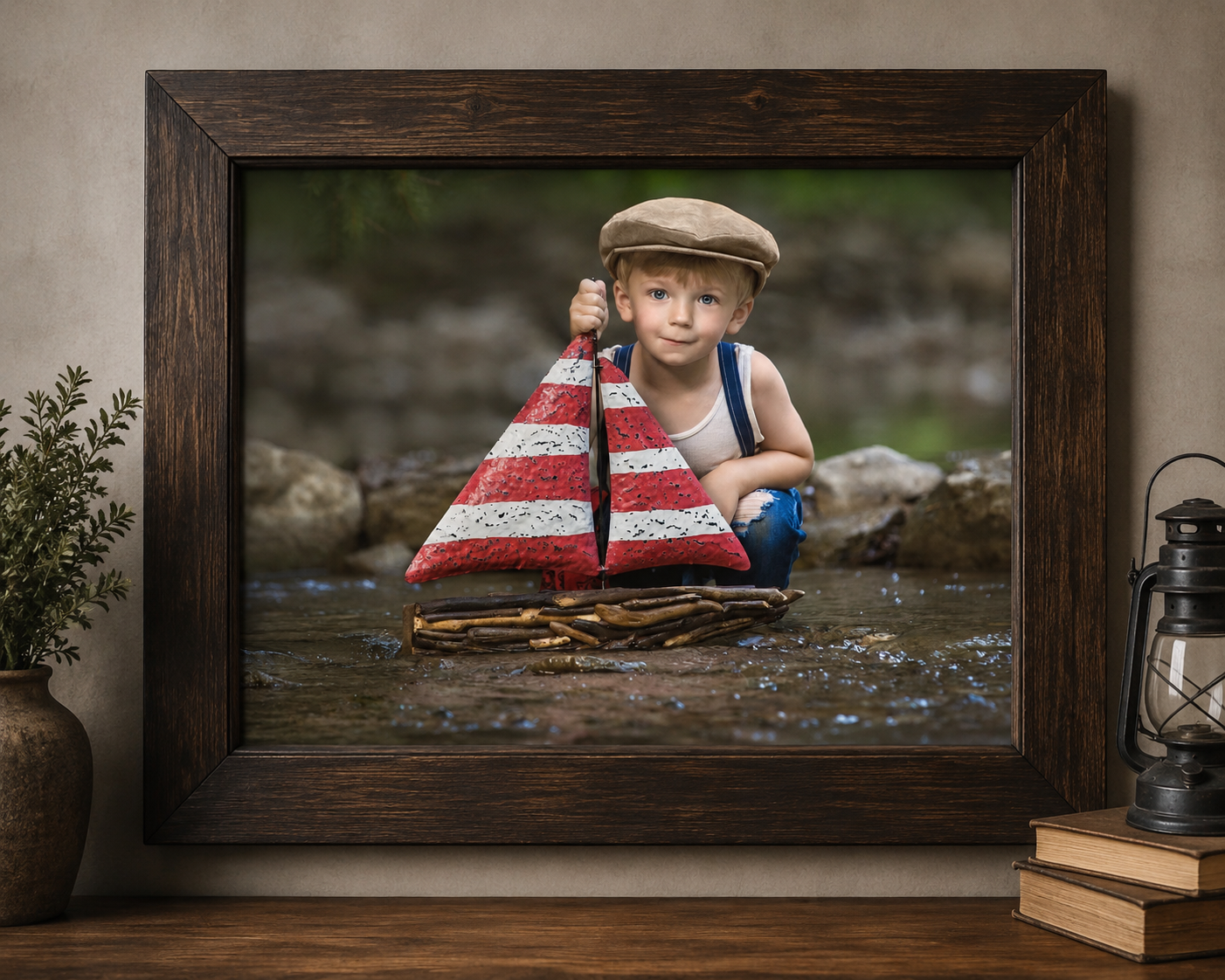 Fine art portrait of a young boy with a handmade sailboat in a creek setting, photographed by Studio C Fine Art Photography.