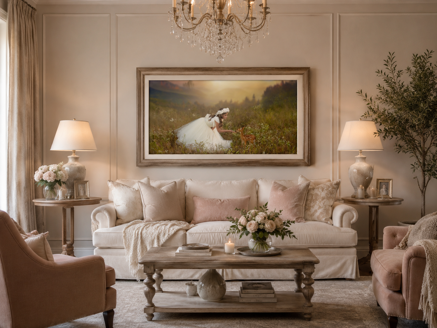 Fine art children’s portrait of a young girl in a white dress gently interacting with a fawn in a dreamy meadow at sunset, photographed by Studio C Fine Art Photography.