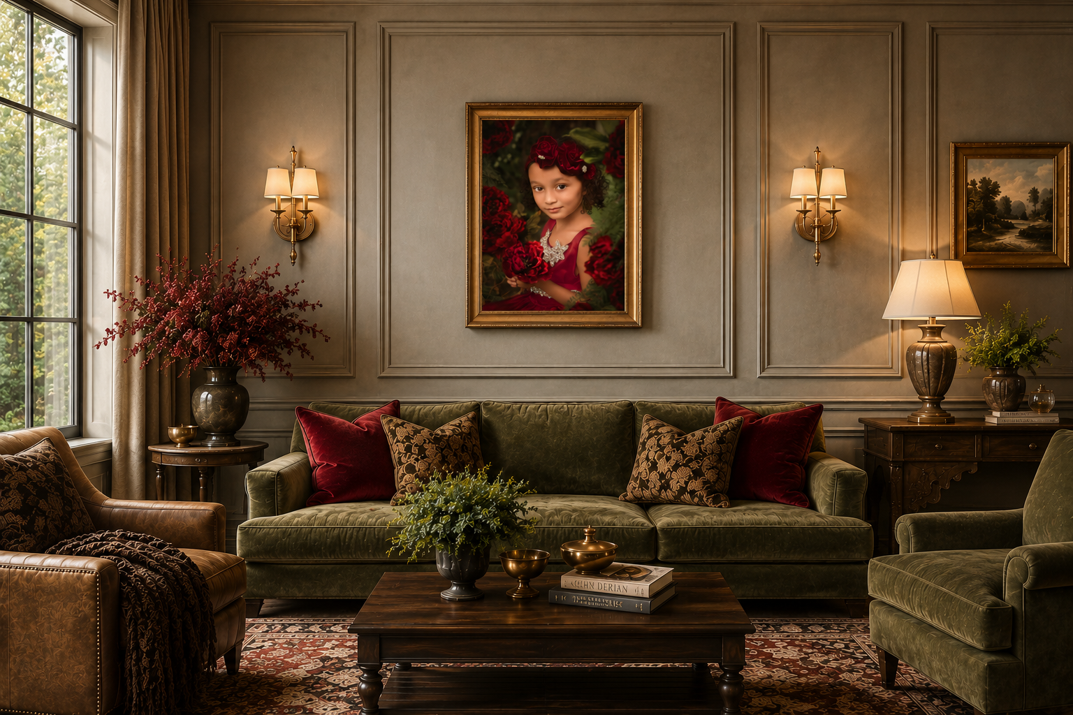 Fine art portrait of a young girl surrounded by deep crimson roses, photographed by Studio C Fine Art Photography.