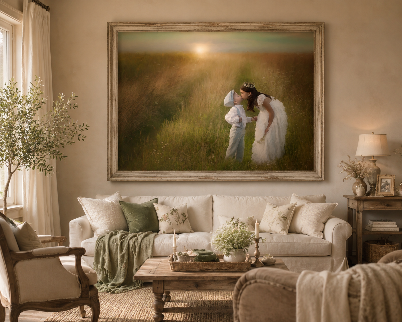 Fine art outdoor sibling portrait of two children sharing a sweet moment in a sunlit field, photographed by Studio C Fine Art Photography.