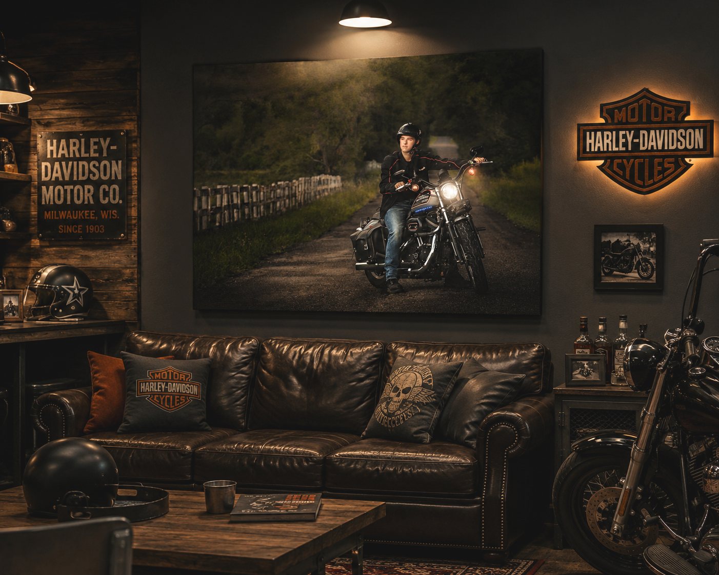 High school senior portrait of teenage boy on Harley Davidson motorcycle photographed at sunset by Studio C Fine Art Photography