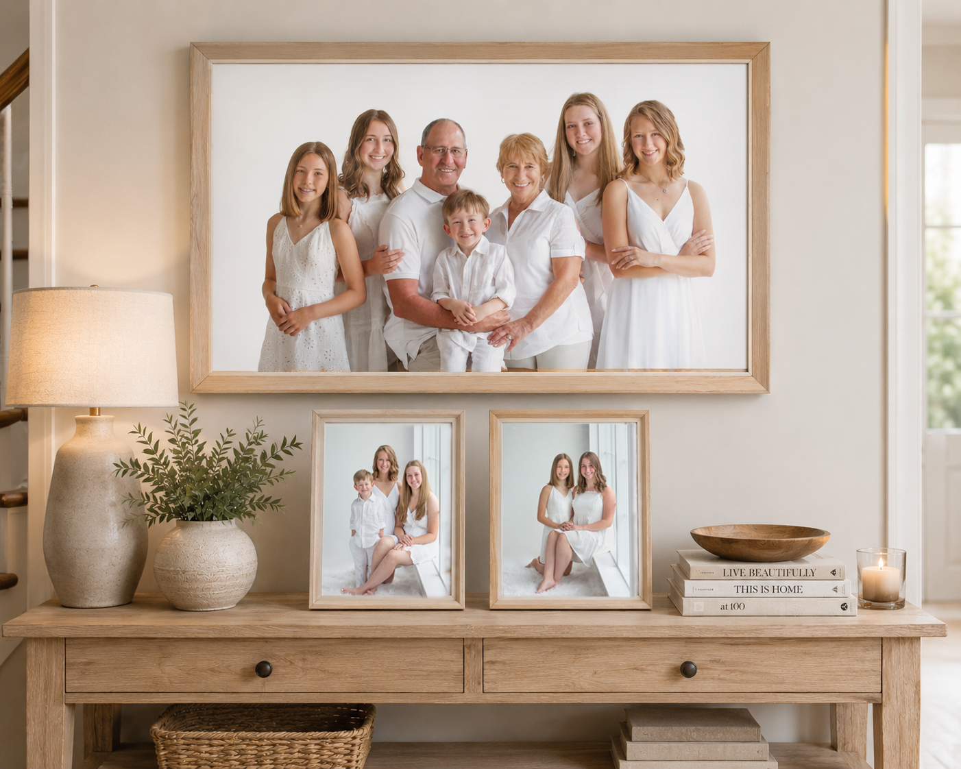 Light and airy generational family portrait displayed above a natural wood foyer table with coordinating sibling portraits in soft neutral tones.