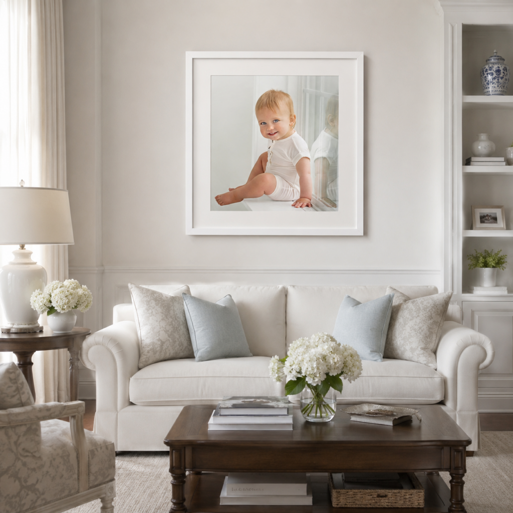 One-year-old boy portrait displayed as framed wall art in elegant traditional living room at Studio C Fine Art Photography