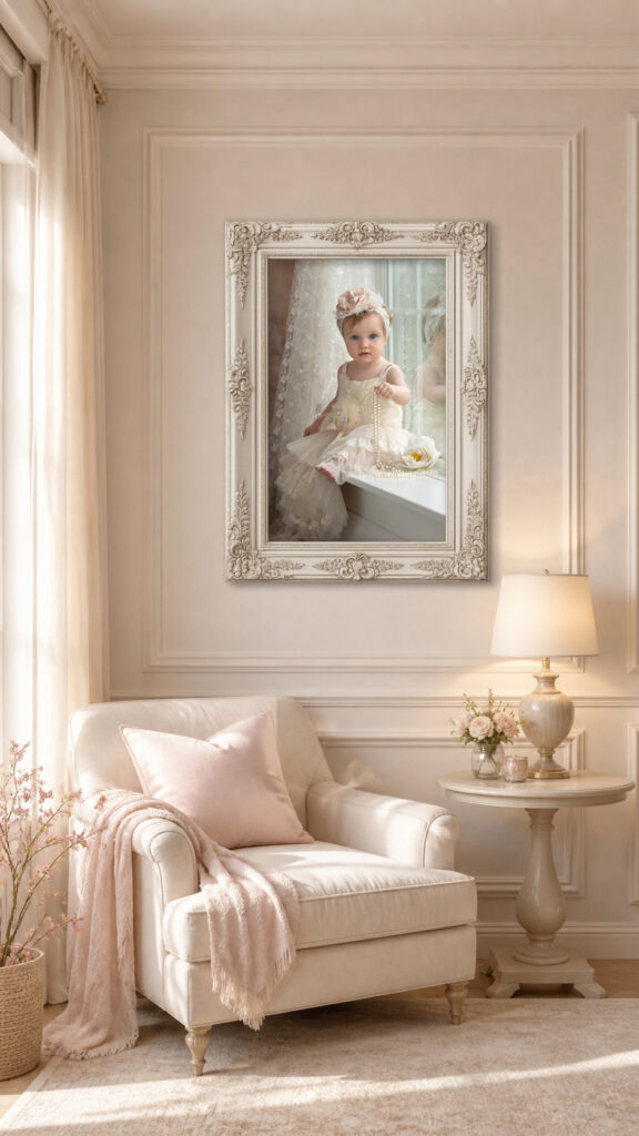 One-year portrait displayed as framed wall art in elegant cream-toned room at Studio C Fine Art Photography