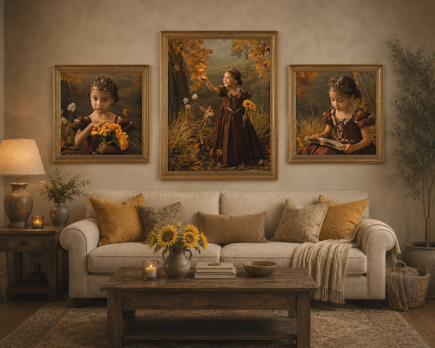 Framed storybook-style children’s wall portraits displayed above sofa in warm autumn-inspired living room by Studio C Fine Art Photography