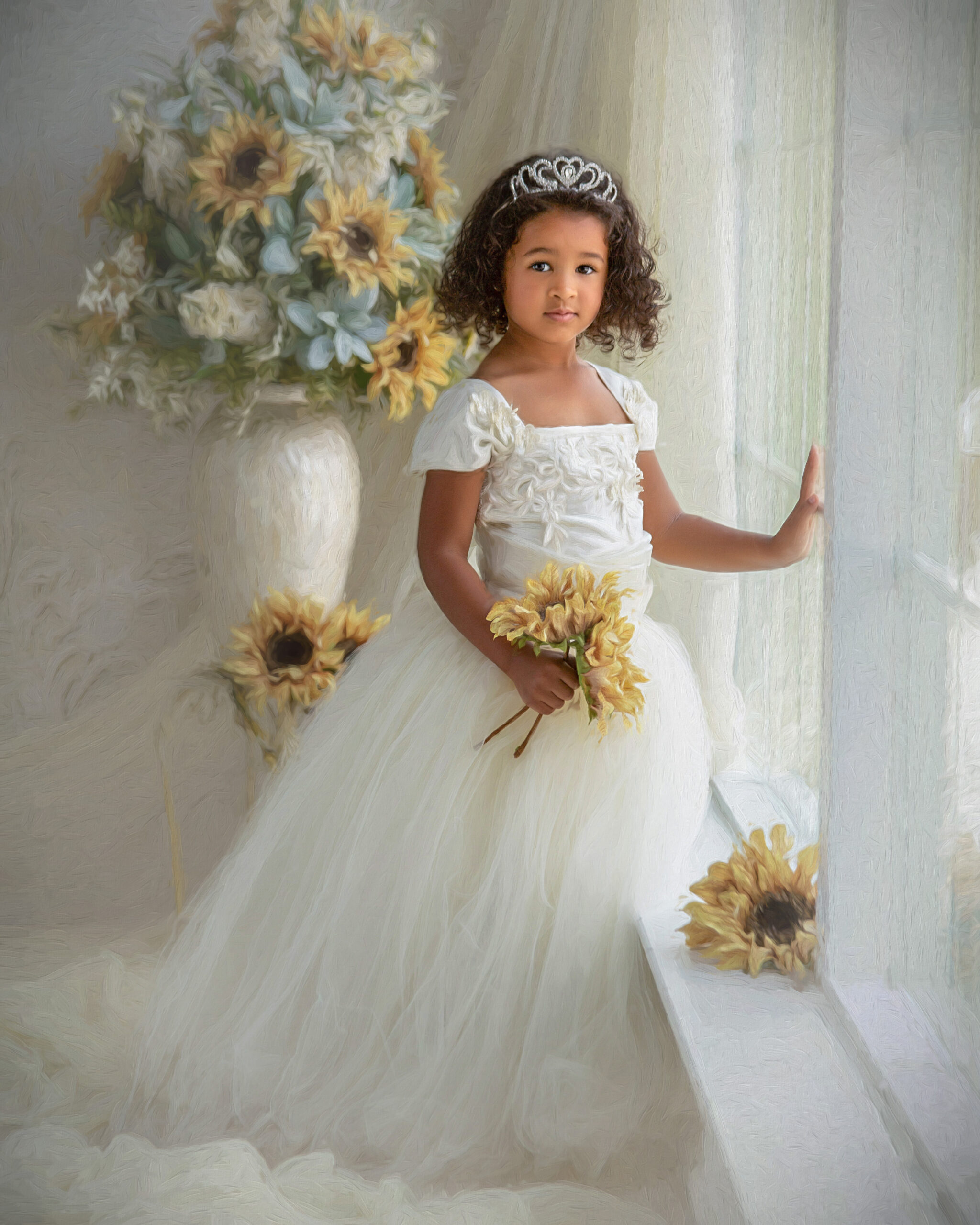 Fine art portrait of a young girl in a white gown holding sunflowers near a window, photographed by Studio C Fine Art Photography.